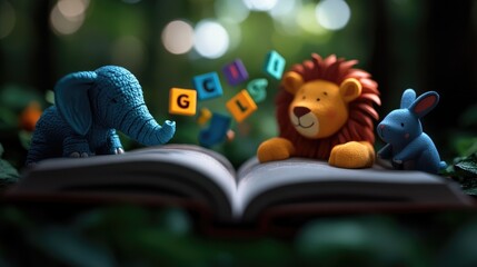 Enchanted Forest Literacy: A whimsical journey into the magical world of reading with adorable animal friends discovering the joy of letters and stories.