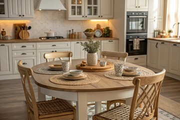Rustic Kitchen Table Setting with Wooden Chairs and Natural Decor