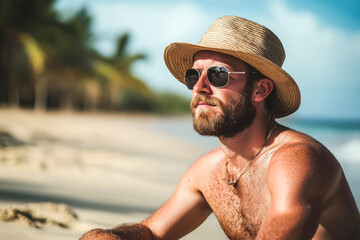 Man relaxing on a sunny beach, enjoying the view.