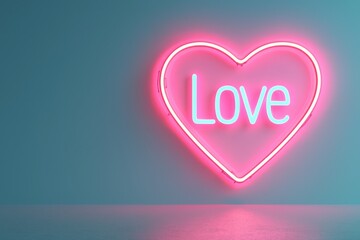 A vibrant neon sign shaped like a heart, glowing with the word 'Love'. Perfect for themes of romance, affection, and emotional connection.