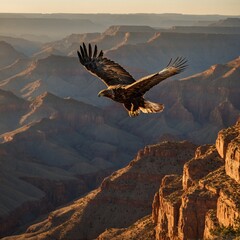 Fototapeta premium A golden eagle soaring over a canyon at sunrise.