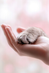 Gentle Light Skinned Hand Holding Soft Cat Paw Pet Animal Care Tenderness Love Protection