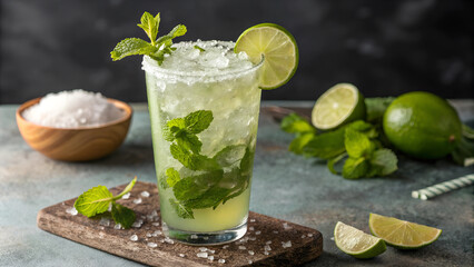 Fototapeta premium A cold mojito cocktail served with fresh mint, lime, and ice