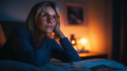 Obraz premium Woman with glasses stares pensively in dim bedroom.