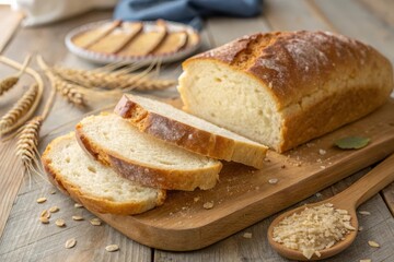 Artisan Loaf of Crusty Bread Sliced on Wooden Board with Wheat and Oats