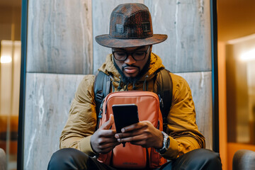 A person wearing a hat uses a smartphone while seated.