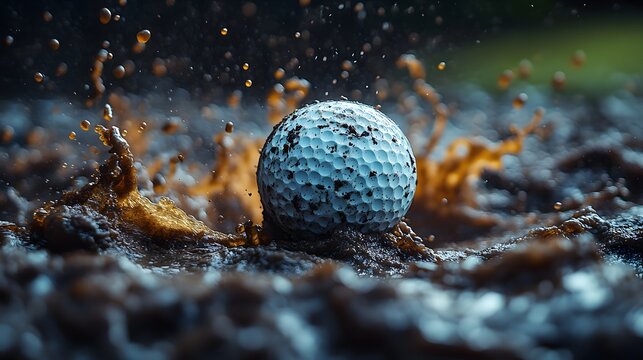 Detailed closeup of a golf ball landing into thick mud sending droplets flying with minimal light focusing on the texture of the mud and the motion of the ball evoking mystery and action