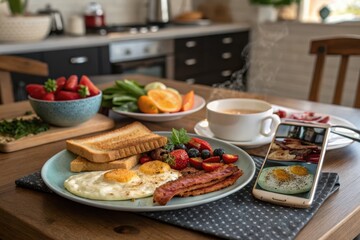 A Delicious and Wholesome Breakfast Featuring Fried Eggs, Crispy Bacon, Toasted Bread, and Fresh Berries Served with a Cup of Tea