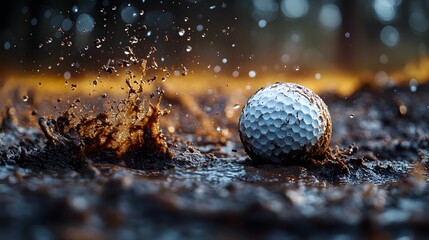 Detailed closeup of a golf ball landing into thick mud sending droplets flying with minimal light focusing on the texture of the mud and the motion of the ball evoking mystery and action