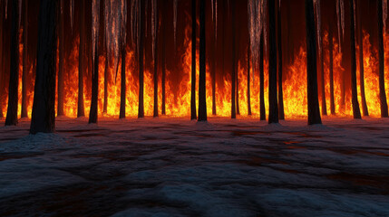Naklejka premium Enchanted Grove Covered in Fresh Untouched Snow Under Bright Flames from the Edge of the Forest