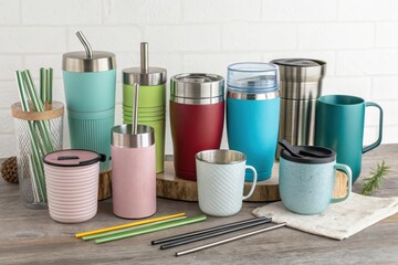 A Collection of Stylish Reusable Coffee and Tea Cups with Colorful Straws on a Rustic Wooden Table