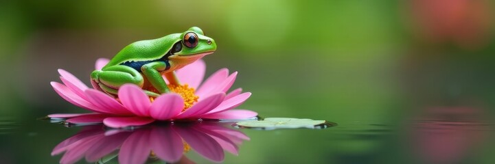Obraz premium Vibrant green frog perched on pink gerbera, reflected in water , closeup, plant