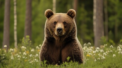 Fototapeta premium Brown Bear in its natural habitat amidst the meadow and the forest, looking forward