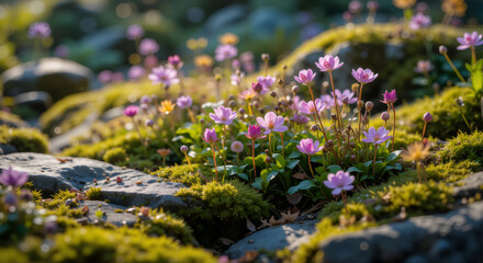 Obraz premium Stunning Pink Flowers Blooming Amongst Mossy Rocks in Sunlight