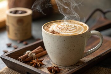 Aromatic Steaming Cup of Spiced Latte on Rustic Tray with Cinnamon and Star Anise