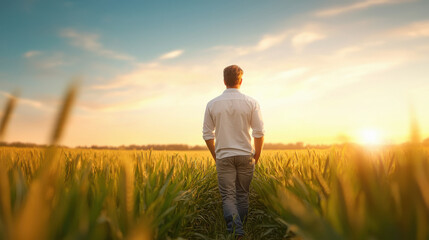 Fototapeta premium a man standing proudly in a large, green plantation field, symbolizing the agricultural industry.