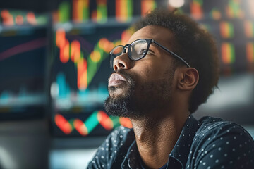 Young man analyzing financial data with stock market charts in the background