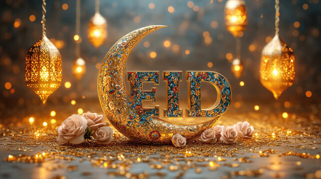 a golden crescent moon adorned with delicate floral patterns for eid festival