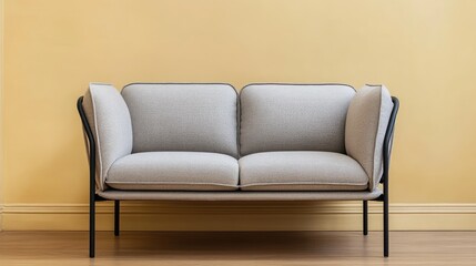 A contemporary two-seater loveseat in neutral beige, warm-toned background.