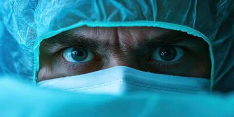 Close-up of a Person's Eyes Wearing a Surgical Mask and Cap