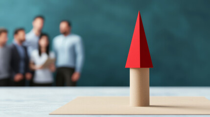 A colorful model house stands in focus, with blurred figures of people in the background, suggesting a theme of community or collaboration in real estate.