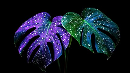 Fototapeta premium Vibrant Dew-Kissed Monstera Leaves Against a Black Background