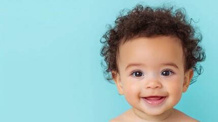 Happy Baby Portrait Against Light Blue Background