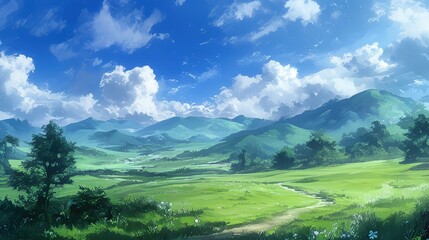 Fototapeta premium Serene Anime Landscape with Lush Green Fields, Majestic Mountains, and Vibrant Blue Skies Under Fluffy Clouds for Artistic Projects