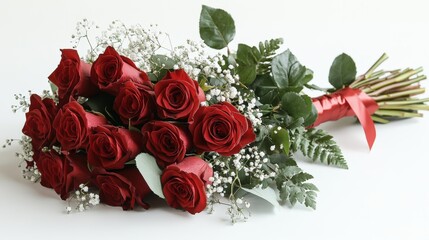 Classic dozen red roses with baby's breath and fern leaves on white