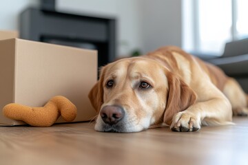 A golden labrador is lying down next to a shipping box and a chew toy, embodying a mood of relaxed playfulness within a bright home environment.
