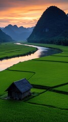 Serene Sunset over Rice Paddies and Mountains