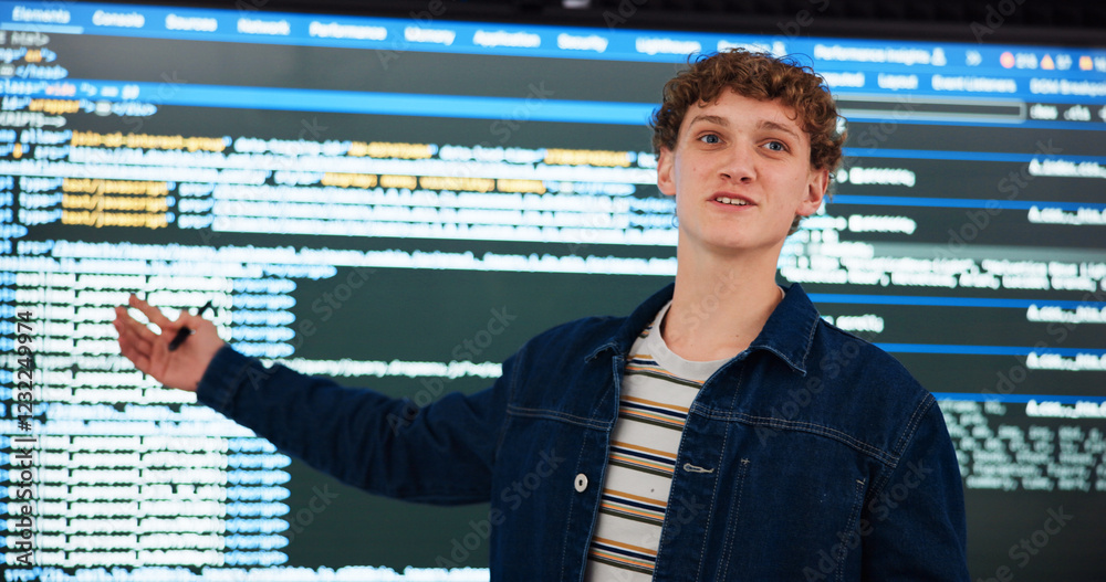 Aufkleber Programming lecture, student and man in university for learning, education or teaching ai course. College, class and study coding with data for software development in digital presentation on screen