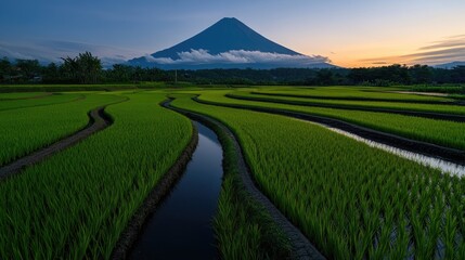 Serene Sunset over Rice Terraces and Majestic Volcano