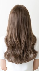 Fototapeta premium A person with long, shiny hair is facing away, showcasing natural waves and layers. The smooth texture shines under soft indoor lighting against a plain wall
