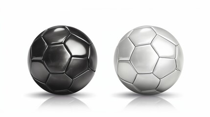 Soccer ball. Football ball realistic 3d design style. Leather texture silver and black color. Mockup of sports elements isolated on white background.
