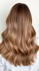 Fototapeta premium A person with long, shiny hair is facing away, showcasing natural waves and layers. The smooth texture shines under soft indoor lighting against a plain wall