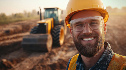 smiling construction worker, with a yellow hard hat and protection glasses, standing in front of a wheel loader.