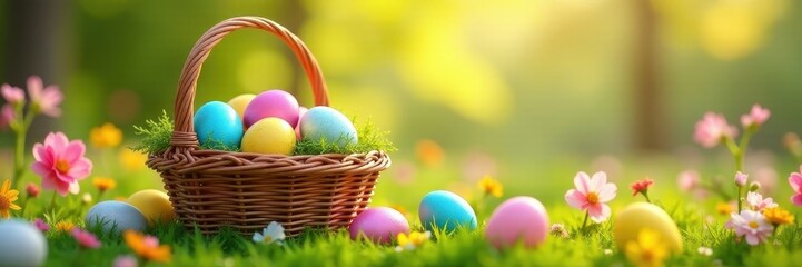 Wicker basket overflowing with colorful Easter eggs nestled in a vibrant flower field , nature, wicker