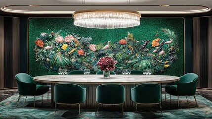 Emerald-walled dining room, oval table, floral artwork, luxurious setting, private event