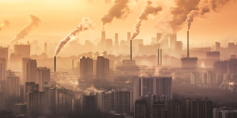 Obraz premium Smoke billowing from factory smokestacks against urban skyline during golden hour twilight