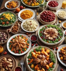 Colorful table with assorted Thanksgiving salads and side dishes,  holiday table,  colorful platter,  fall harvest