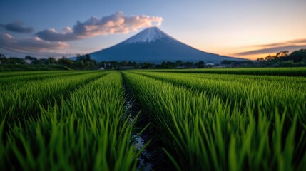 Serene Sunset over Mount Fuji and Rice Paddy Fields
