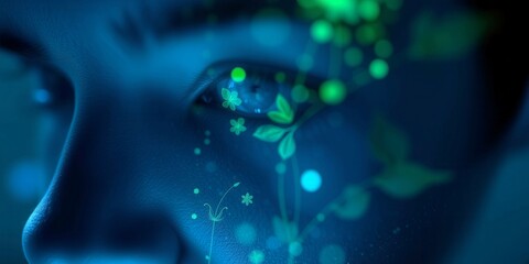 A woman's face is covered in green leaves and flowers. The image has a surreal and dreamlike quality to it, as if the woman is a living, breathing plant