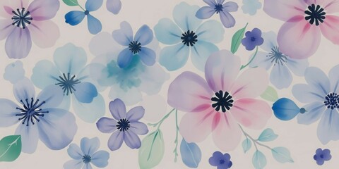 A colorful floral design with blue, pink, and purple flowers. The flowers are arranged in a way that creates a sense of movement and flow. Scene is cheerful and uplifting, as the bright colors