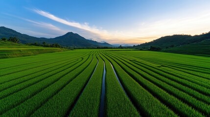 Serene Sunset over Lush Green Rice Terraces