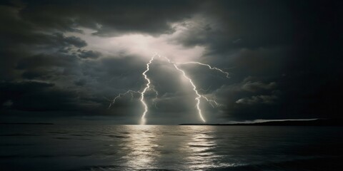 Lightning bolts strike the sea under dark and stormy clouds, creating a dramatic and powerful scene