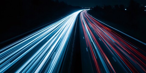 Long exposure photo of cars driving on a highway at night, creating light trails and showing speed effect