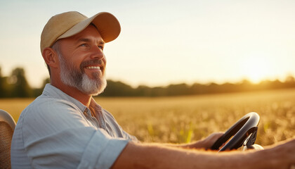 Fototapeta premium farmer riding its farming truck while viewing its crops