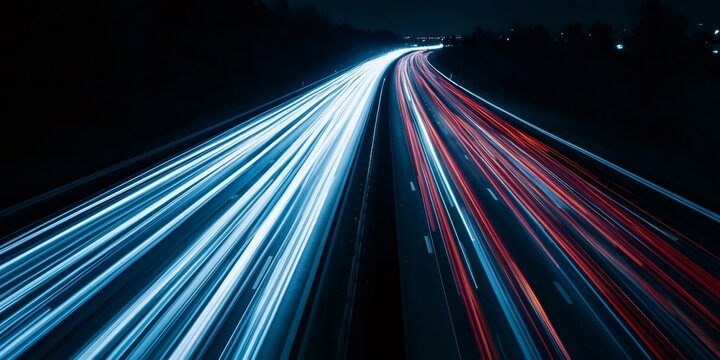 Long exposure photo of cars driving on a highway at night, creating light trails and showing speed effect - Powered by Adobe