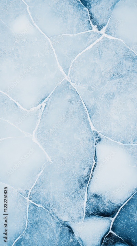 Poster Ice covering a river surface is cracking, creating a beautiful geometric pattern of interconnected lines and shapes, showcasing the power of nature and the changing seasons